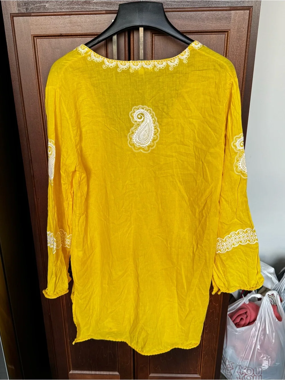 Mud Pie Bag Lady Yellow White Embroidered Paisley Beach Cover Up Tunic Sz L⁠